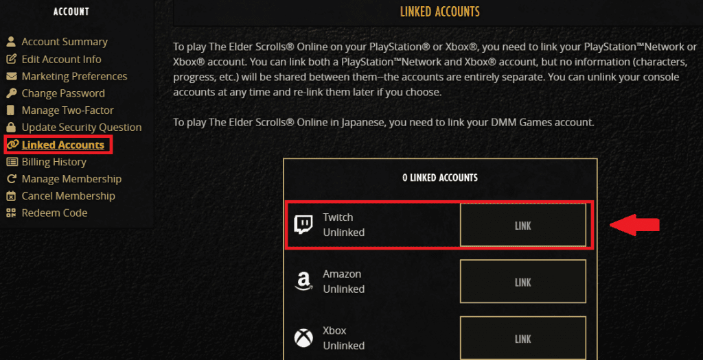 Account link page ESO
